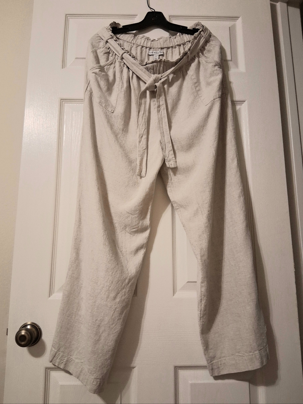 And Now This, Viscose/Linen XL Wide Leg Pants Wheat Color Elastic Waist And Tie